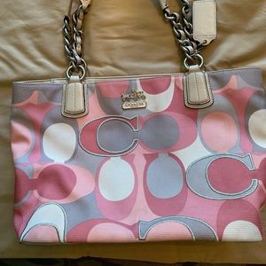 Coach Bag. Light/dark pinks, gray, white colors. Good condition. Silver accents.